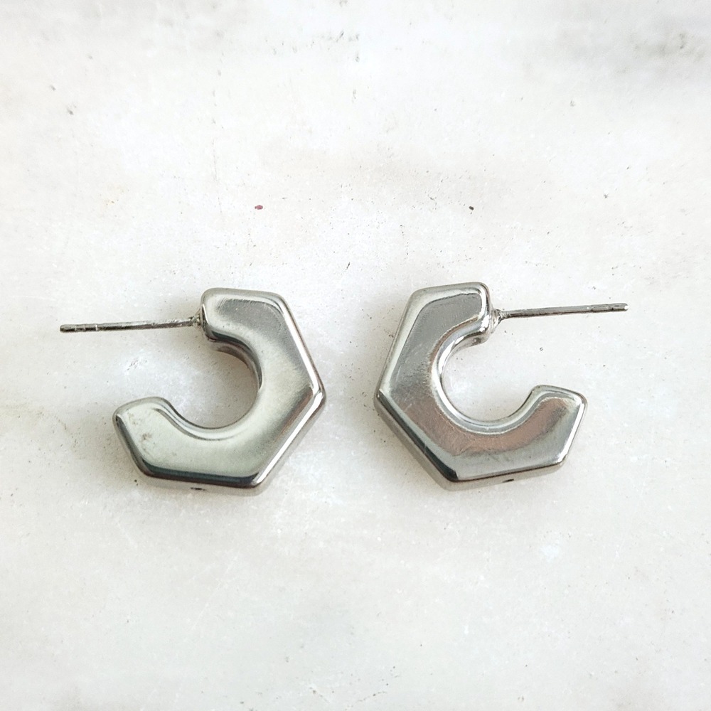 Vintage Sterling Silver Hexagon Geometric Chunky Small Hoop Post Earrings Modern